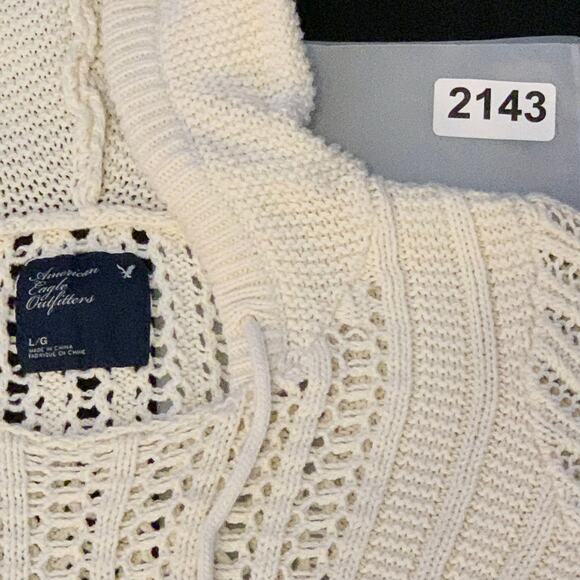 American Eagle Womens Sweater Large Cream Hooded Open Cable Knit Crochet Hoodie - Picture 11 of 11